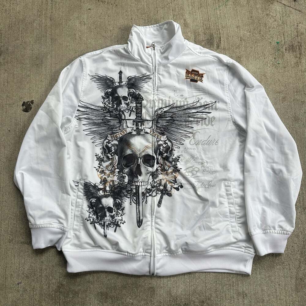 MMA Elite White Full Zip Track Jacket with Skull and Wings Graphic